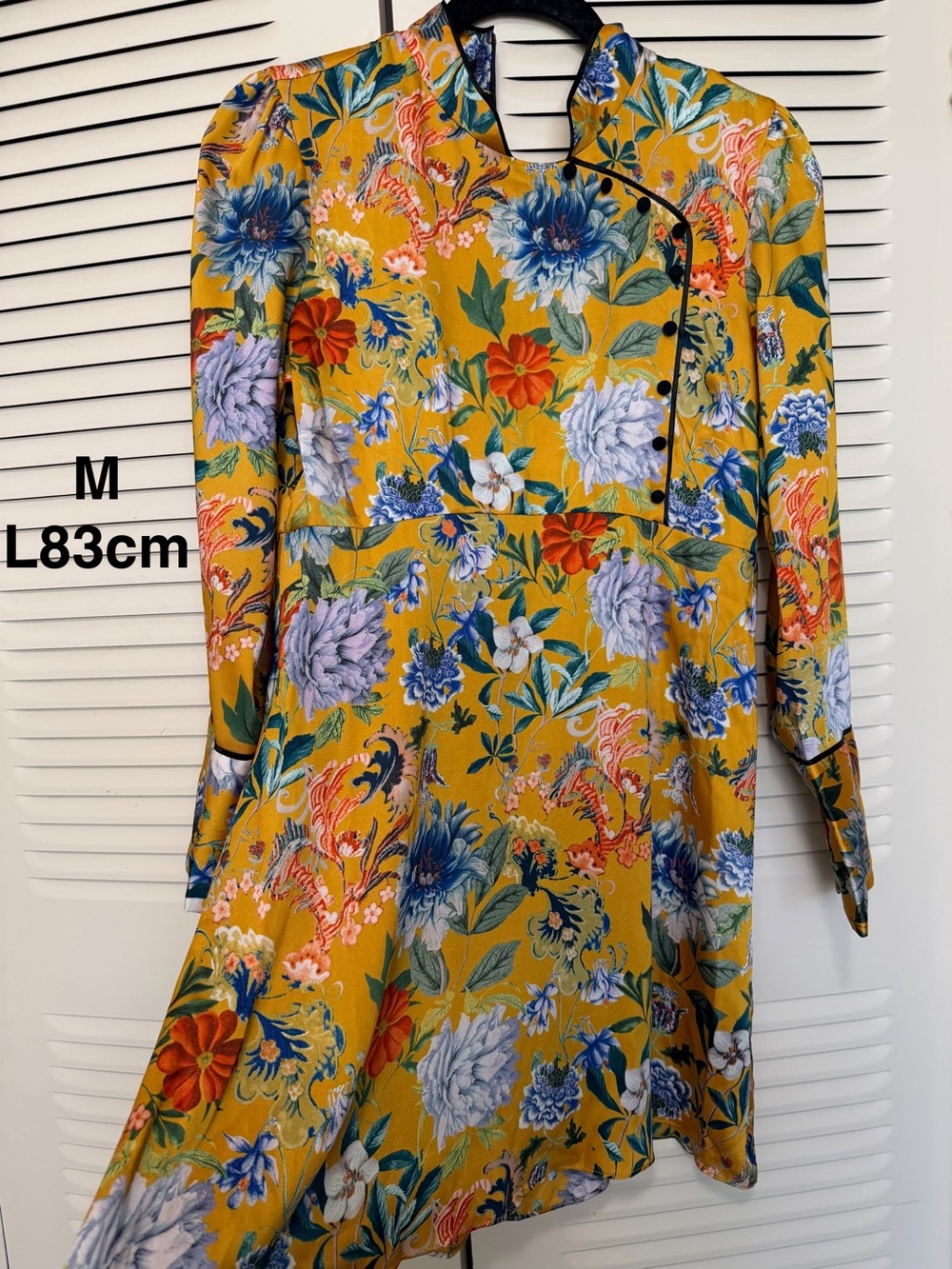Zara Mustard Yellow Floral Mandarin-Collar Mini Dress